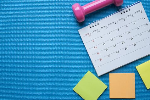 Time For Exercising Clock, Calendar And Dumbbell With Blue Yoga time for exercising