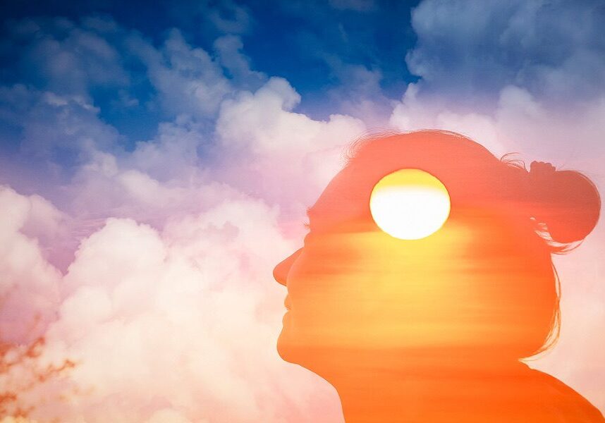 double exposure of woman head and sky - mindfulness, meditation, mental health, depression woman head